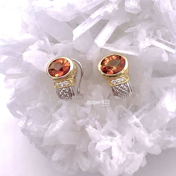 Judith Ripka JR TWO Sterling Silver 18K Gold Citrine & Diamond Huggie Earrings - Picture 4 of 12